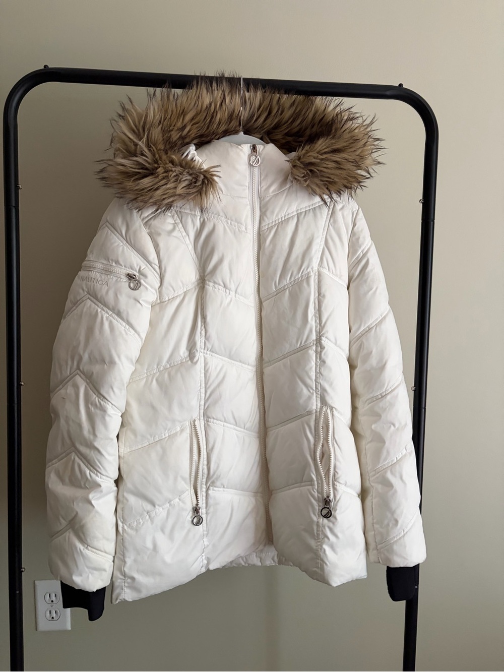 Nautica Cream White Puffer Jacket with Faux-Fur Hood Trim